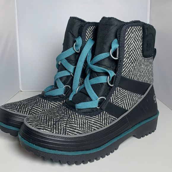 Sorel Tivoli lI Womens waterproof boot Herringbone Pattern Black/ Teal Sz 8